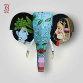 KB ART Pichwai Painted Elephant Head Wall Art - 18-Inch Handcrafted Radha Krishna Wooden Wall Hanging from Jodhpur